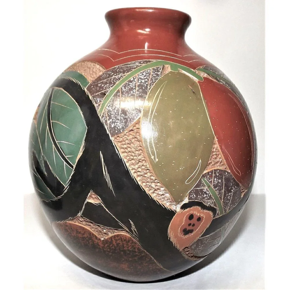 Hand Made South American Round Pottery Vase Signed Jungle Animals 7